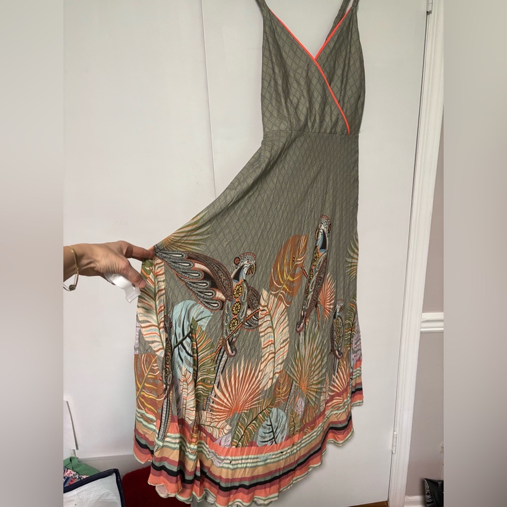 Farm Rio by Antropology Olive Green Boho Maxi Dress with Coral Trim